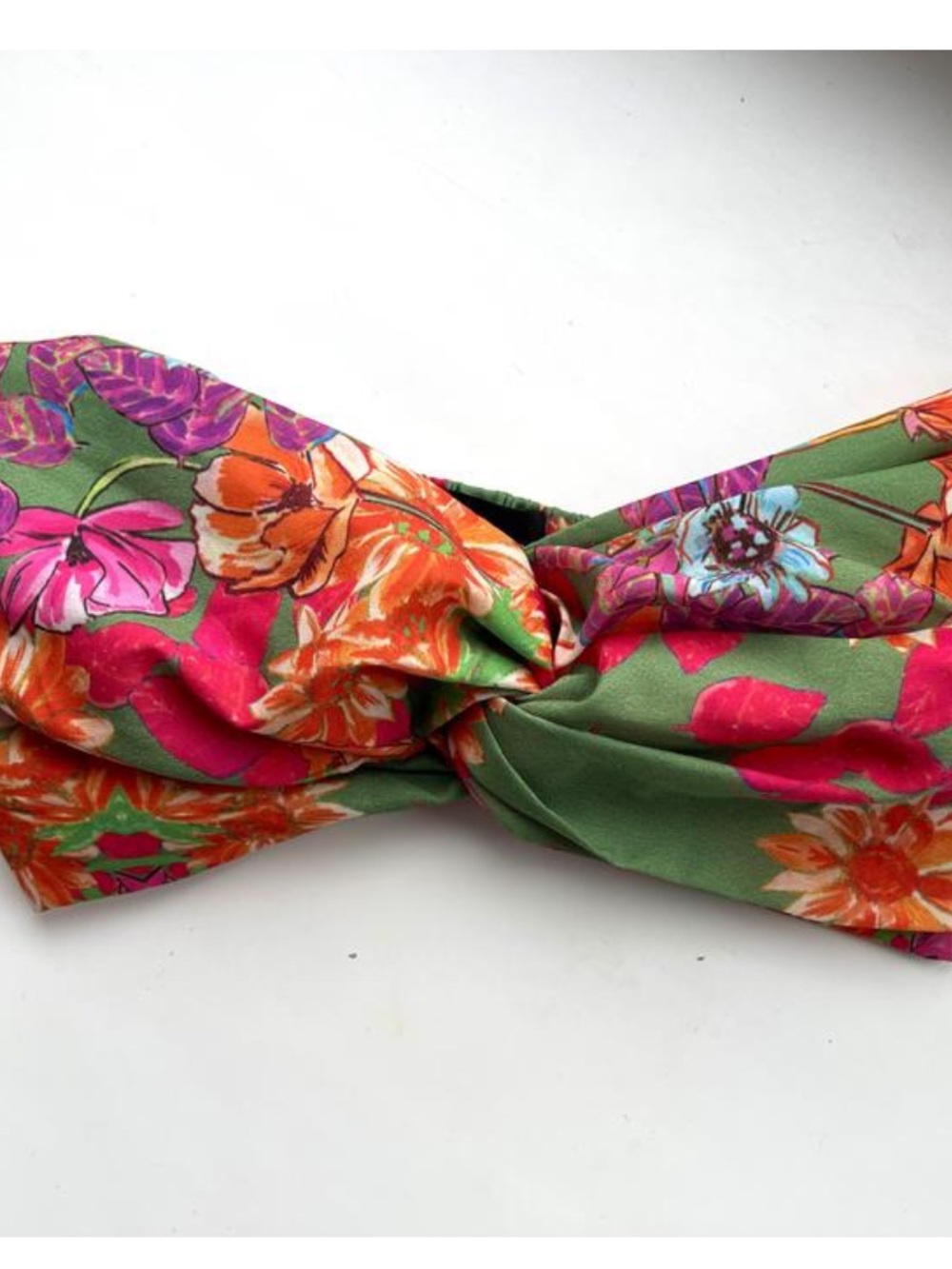 Zara Floral Twist Headband in Green, Pink & Orange